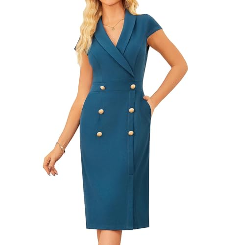 GRACE KARIN Frauen Elegant Kurzarm Bodycon Bleistiftkleid Party Cocktail Hochzeit Zweireihiges Midi Kleid Blaugrün 36 von GRACE KARIN