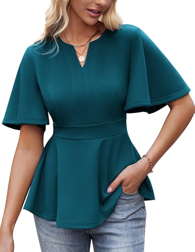GRACE KARIN Frauen Festlich Oberteil Sommer Rüschenärmel Basic Chiffon Lässige Wickelbluse Pfauenblau L von GRACE KARIN