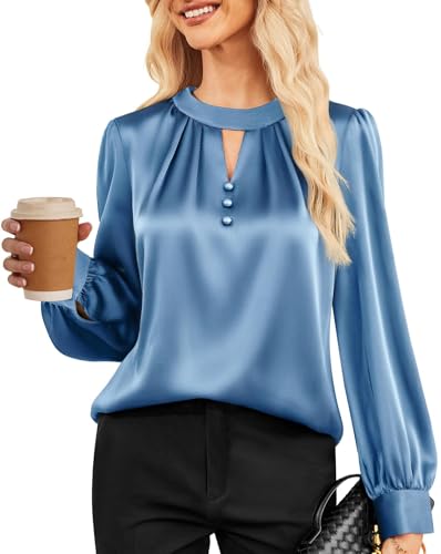 GRACE KARIN Frauen Festlich Party Hochzeitsgast Seidentops Stehkragen Langarm Plissiee-Wickelbluse Graublau L von GRACE KARIN