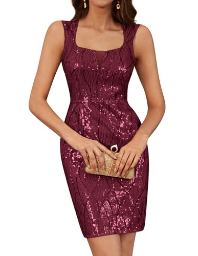 GRACE KARIN Frauen Knielanges Bodycon Kleid Elegantes Ärmelloses Quadratisches Hals Pailletten Bleistiftkleid für Club Party Weinrot 46 von GRACE KARIN