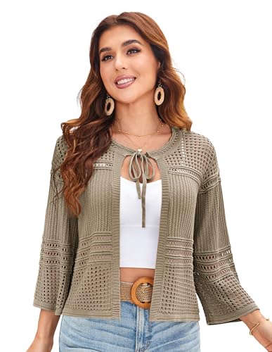 GRACE KARIN Frauen Kurze Strickjacke Durchbrochenes Muster 3/4 Ärmel Rundhals Festlich Elegant Pullover Hellbraun XL von GRACE KARIN