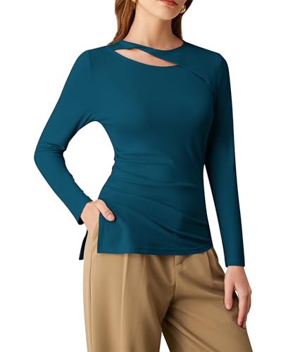 GRACE KARIN Frauen Lässig Langarm Oberteile Basic Solide Farbe Unregelmäßiger Saum Shirt für Party Blau M von GRACE KARIN