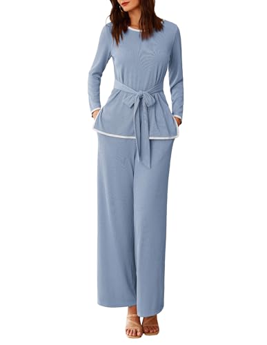 GRACE KARIN Frauen Lässig Texturiert 2pcs Set Outfits Langarm Rundhalsausschnitt Oberteile Weites Bein Hosen Hellblau L von GRACE KARIN