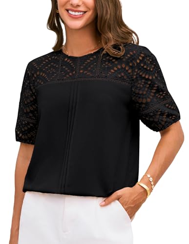 GRACE KARIN Frauen Lässige Loose Fit Oberteile Vintage Solid Farbe Crewneck Basic Shirts Patchwork Bluse Schwarz M von GRACE KARIN