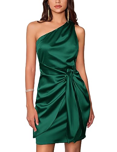 GRACE KARIN Frauen Satin Kleid Cocktail One Shoulder Ärmellos Bodycon Krawatte Taille Party Mini Kleider, Dunkelgrün, 46 von GRACE KARIN