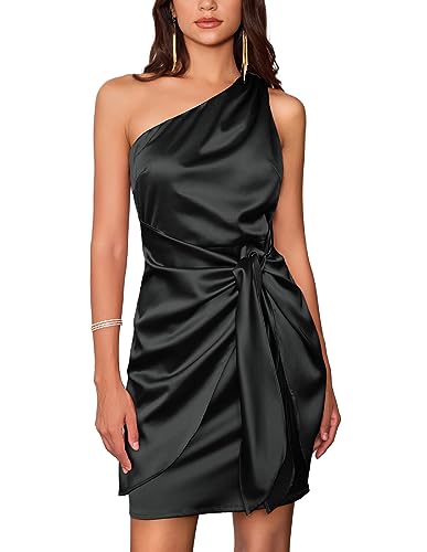 GRACE KARIN Frauen Satin Kleid Cocktail One Shoulder Ärmellos Bodycon Krawatte Taille Party Mini Kleider, Schwarz, 48 von GRACE KARIN