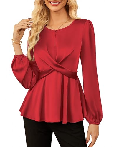 GRACE KARIN Frauen Satinblusen Frühling Herbst Langarm Basic Slim Fit Tops Ausgehen Alltag A-Linien Tops Weinrot XXL von GRACE KARIN