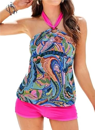 GRACE KARIN Frauen Sexy Strand-Pool-Party Tank Top Badeshorts Set Floral 2-teilige Tankini-Badebekleidung mit Neckholder Dunkelblaue Blume S von GRACE KARIN