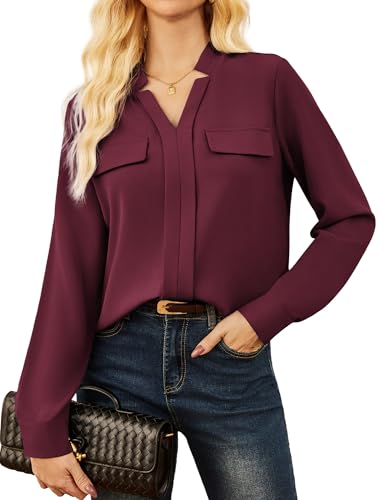GRACE KARIN Frauen Straight Fit Oberteile Langarm Bluse Damen V Ausschnitt T-Shirt Weinrot XXL von GRACE KARIN