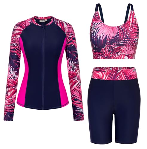 GRACE KARIN Frauen Surfanzug Langarm Reißverschluss Crop Top Hochgeschnittene Shorts Badeanzug Set Rosarote Blätter XL von GRACE KARIN