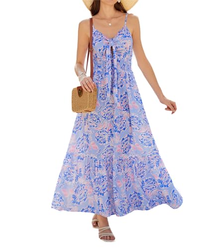 GRACE KARIN Frauen V-Ausschnitt Böhmisch Kleid Casual Sommer Blumenkleid Sommer Urlaub Langes Fließendes Kleid M Lila Blume von GRACE KARIN