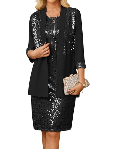 GRACE KARIN Frauen Vintage 60er Rundhals Ärmelloses Abendkleider Elegant Slim Fit 2er Set Gltzer Kleider mit Chiffon Jacke Schwarz XXL von GRACE KARIN