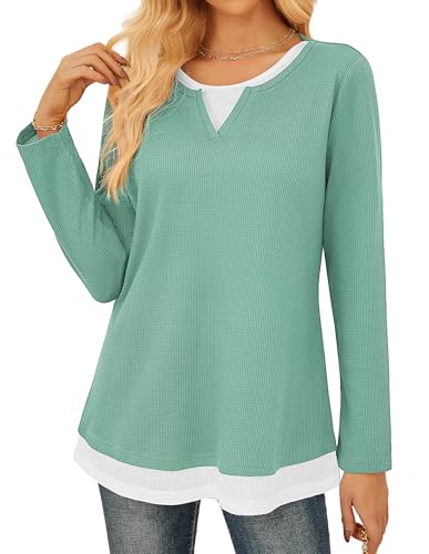GRACE KARIN Frauen Waffelstruktur Langarmshirt Rundhalsausschnitt Zweifarbig Top Casual Bluse Grün XXL von GRACE KARIN
