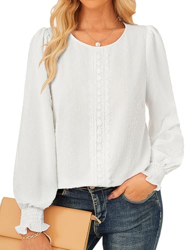 Frauen Weiße Spitze Vintage Bluse Langarm Elegante Oberteile Hochzeitgast Party Blusen Weiß L von GRACE KARIN