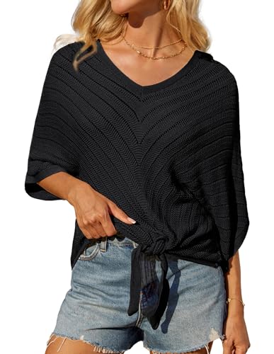 Frauen sagten Sommerpullover hohles Oberteil Badeanzug-Vertuschungen V-Ausschnitt Fledermausärmel die sie verknoten Schwarz S von GRACE KARIN