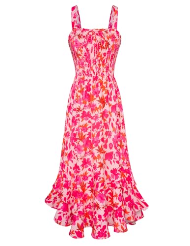 GRACE KARIN Freizeit Damen Casual Strandkleider Elegant Blumenmuster Kleid fließender Schwung lässig Spaghetti Trägerkleid M Rosarote Ahornblattblume von GRACE KARIN