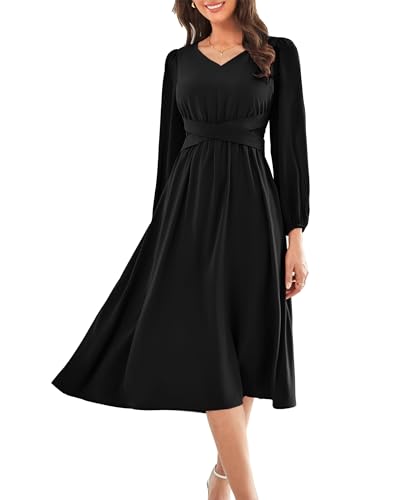 GRACE KARIN Frühling Herbst Basic Langarm V Neck High Waist Kleider Locker Bequemes Kleid in Übergröße Fließendes Kleid Schwarz S von GRACE KARIN
