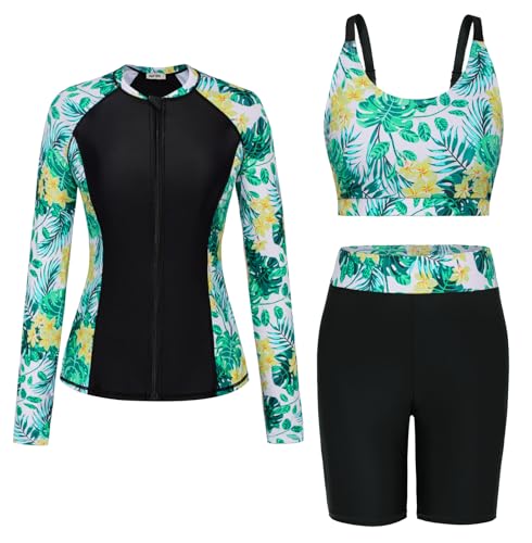 Frühling Sommer Bedruckter Damen-Badeanzug Sportlicher 3pcs Swimsuit Große Größen Badeanzug Set mit Brustpolster Grüne Blätter-weiß XXL von GRACE KARIN