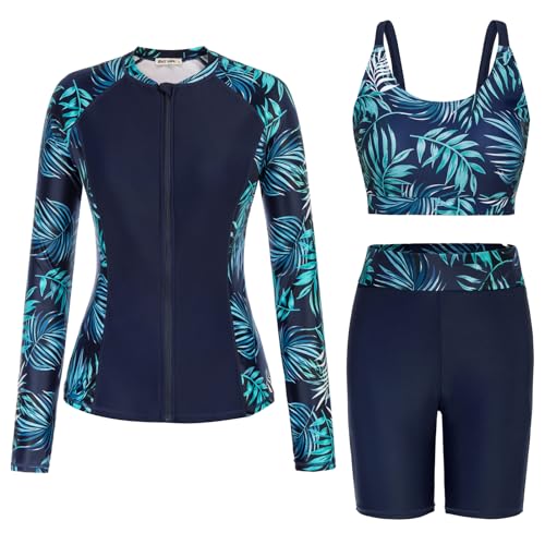 GRACE KARIN Frühling Sommer Bedruckter Damen-Badeanzug Sportlicher 3pcs Swimsuit Große Größen Badeanzug Set mit Brustpolster Dunkelblau XXL von GRACE KARIN