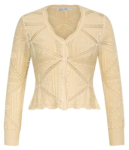 GRACE KARIN Frühling Sommer Herbst Open Front Hohler Strickjacke Elegant Business Geschäft OL Cardigan Retro Schulterjacke Aprikose L von GRACE KARIN