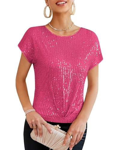 GRACE KARIN Funkelnde Glitzer-Pailletten Damen Vintage Top Elegant V-Ausschnitt Cape Ärmel Paillettenoberteil für Shows Neujahr Rosarot XXL von GRACE KARIN