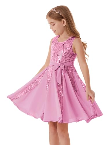GRACE KARIN Funkelndes Abendkleid für Mädchen ärmellos Rundhalsausschnitt Knielang mit Gürtel Rosa 6-7 Jahre von GRACE KARIN