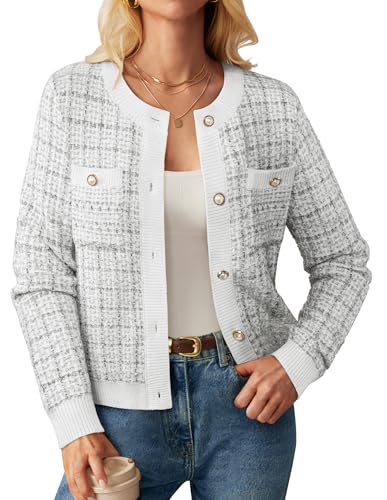 GRACE KARIN Gestrickte Jacke Damen Klassisch Hochzeitsgast Geburtstag Langarm Strickjacken Knöpfe Herbst Winter Oberbekleidung Weiße Mischfarbe L von GRACE KARIN
