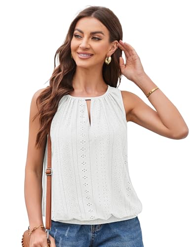 GRACE KARIN Girls Musselin Sommer V Ausschnitt Ärmelloses Blusen Tuniken Casual Arbeit Tunika Hemd Tops Bequemes Oberteil mit elastischem Bund Weiß L von GRACE KARIN