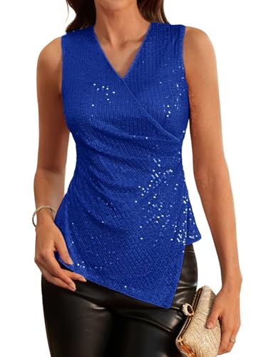GRACE KARIN Glitzer Top Damen Festlich Tank Tops Damen Ärmellos Herbst Bluse Party Pailletten M Saphirblau-6 von GRACE KARIN