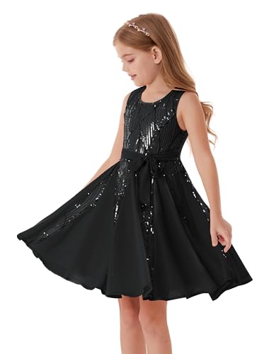 GRACE KARIN Glitzerndes Paillettenkleid für Kinder ärmellos Rundhalsausschnitt A-Linie Partykleid mit Gürtel Schwarz 7-8 Jahre von GRACE KARIN