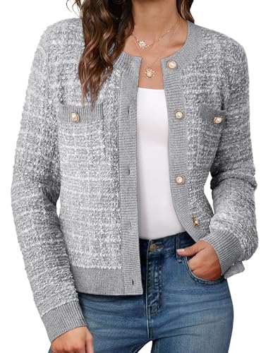 GRACE KARIN Hellgraue Strickjacken für Damen Frauen Elegante Formelle Anlässe Gestrickt Pullover Langarm Warm Flauschig Strickjacke Hellgrau M von GRACE KARIN