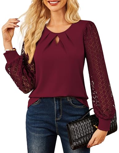 GRACE KARIN Hemdbluse für Damen Elegante Herbst-Rundhals-Oberteile Lässiger gespleißter hohler Langarmpullover Weinrot XL von GRACE KARIN