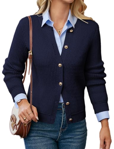 GRACE KARIN Herbst Trachten Strickjacke Damen Elegant Rundhals Langarm Cardigan Damen Lang Winter Warm Marineblau XL von GRACE KARIN