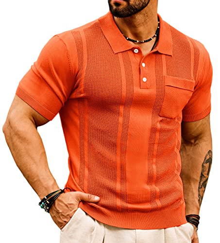 GRACE KARIN Herren Strick-Polo-Shirts Kurzarm Textur Leichte Golf Shirts Pullover, Orange/Abendrot im Zickzackmuster (Sunset Chevron), Klein von GRACE KARIN