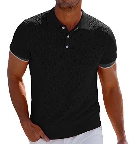 GRACE KARIN Herren Strick-Poloshirts Kurzarm Textur Leichte Golf Shirts Tops, Schwarz, XL von GRACE KARIN