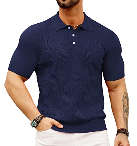 GRACE KARIN Herren Texturiertes Revers-Shirt, lässig, atmungsaktiv, gestrickt, Golf-Poloshirts, Dunkelblau, XL von GRACE KARIN