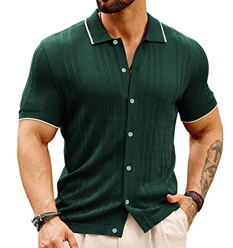 GRACE KARIN Herren atmungsaktives Strick-Poloshirt aushöhlen Bowling-Knopf-Shirts, Dunkelgrün, XL von GRACE KARIN