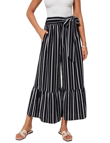 GRACE KARIN Hose mit weitem Bein für Damen schwingende fließende Strand-Urlaubshose hohe Taille Bindeband mit Taschen Schwarze und weiße Streifen M von GRACE KARIN