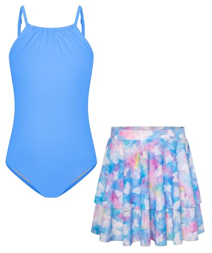 GRACE KARIN Kids Bademode Zweiteiler Offener Rücken Schwimmanzug mit Elastischem Netzrock Blau 7-8 Jahre von GRACE KARIN