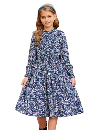 GRACE KARIN Kids Festliches Mädchenkleid Langarm Mit Blumenmuster Partykleid Knielang Blau 10-11 Jahre von GRACE KARIN