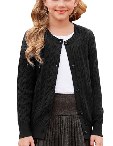 GRACE KARIN Kids Gestrickter Cardigan Langarm Rundhals Strickjacke für Mädchen Knöpfe Vorne Schwarz 10-11 Jahre von GRACE KARIN