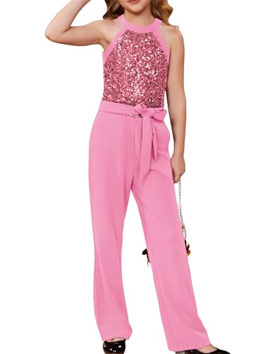GRACE KARIN Kids Pailletten Jumpsuit Mädchen Cut-Out Schulter Ausgestelltes Bein Overall Dunkelrosa 12-14 Jahre von GRACE KARIN
