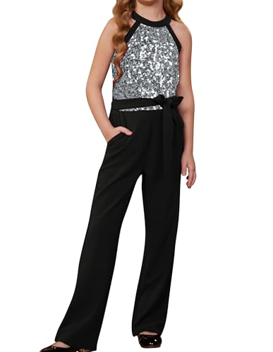 GRACE KARIN Kids Pailletten Jumpsuit Mädchen Cut-Out Schulter Ausgestelltes Bein Overall Silberne Pailletten 7-8 Jahre von GRACE KARIN