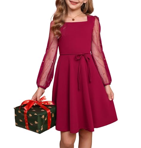 GRACE KARIN Kinder A-Linie Festkleid Quadratausschnitt Tüll Langarm Partykleid Rotwein 12 Jahre von GRACE KARIN