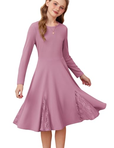 GRACE KARIN Kinder A-Linien Kleid Langarm Rundhals Festliches Mädchenkleid für Alltag Feiern Rosa 6 Jahre von GRACE KARIN