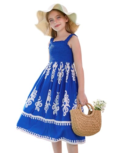 GRACE KARIN Kinder Ärmelloses Boho Maxi Kleid Mädchen Frühling Sommer 2025 Strandkleid Blau 7-8 Jahre von GRACE KARIN