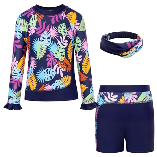 GRACE KARIN Kinder Badeanzug Langarm Badeanzug + Badehose + Stirnband Rashguard Sets Navy Blau 10 Jahre von GRACE KARIN