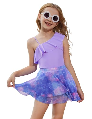 GRACE KARIN Kinder Badebekleidung Mädchen Badeanzug mit Überwurfrock Einteiler Bademode für den Urlaub Lila 10-12 Jahre von GRACE KARIN