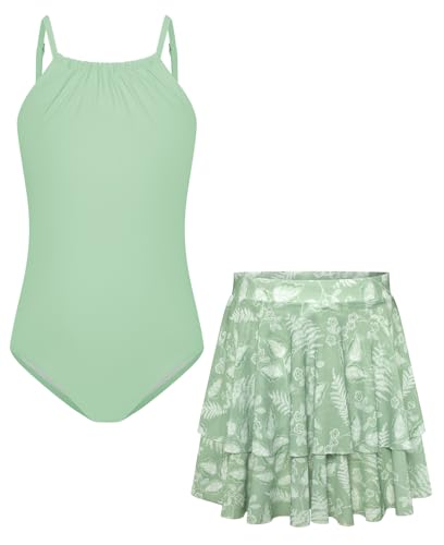 GRACE KARIN Kinder Bademode Set Spaghettiträger Badeanzug mit Netzrock für Mädchen Strand-Poolparty-Kleidung Grün 5-6 Jahre von GRACE KARIN