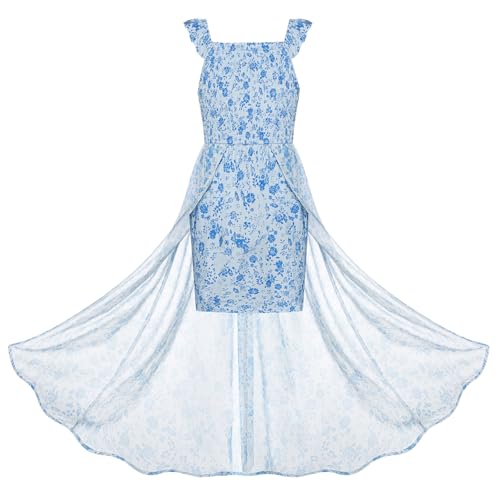 GRACE KARIN Kinder Chiffon Overlay Kleid Ärmellos Quadrat-Ausschnitt Mädchen Knöchellanges Partykleid Blau 8-10 Jahre von GRACE KARIN